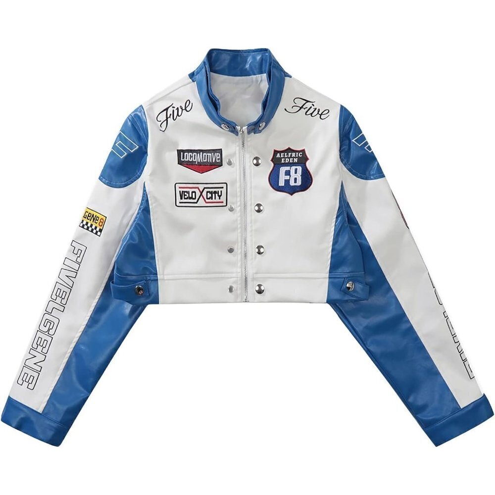Womens Leather Jacket Cropped Motorcycle Biker Bomber Vintage Racing Jacket